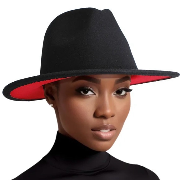🛍🆕 Women's Black Red Wide Brim Two Tone Fedora Hat - Picture 3 of 5